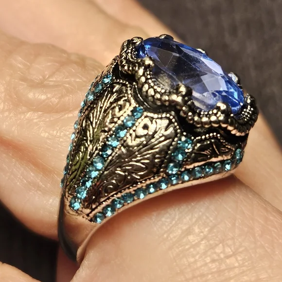 Sterling Silver Aquamarine and Turquoise Men's ring Antique Vintage Style Size 9 - Picture 3 of 6